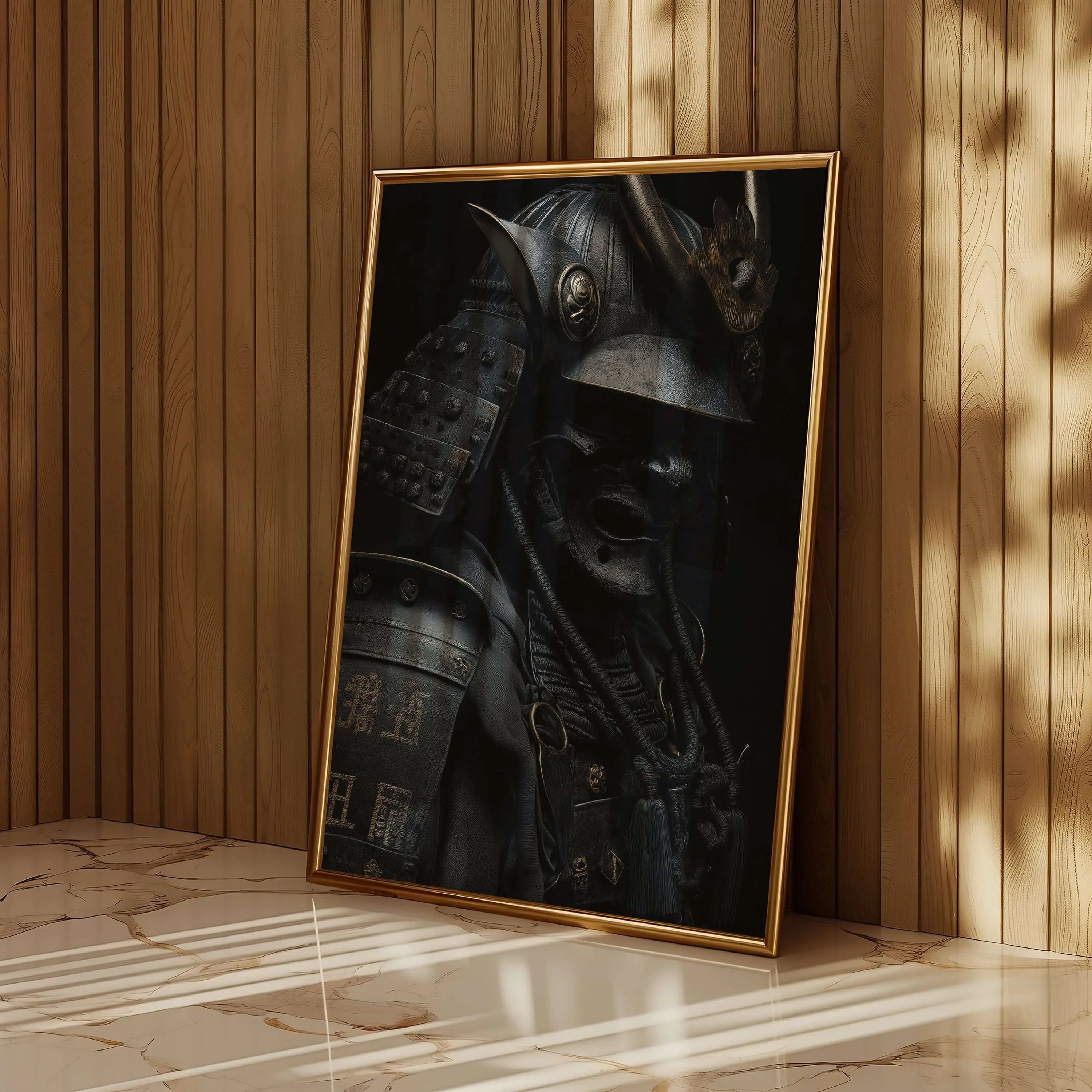 Shadow Honor III Black Samurai Art Print in gold frame against wooden wall, showcasing strength and elegance in decor.