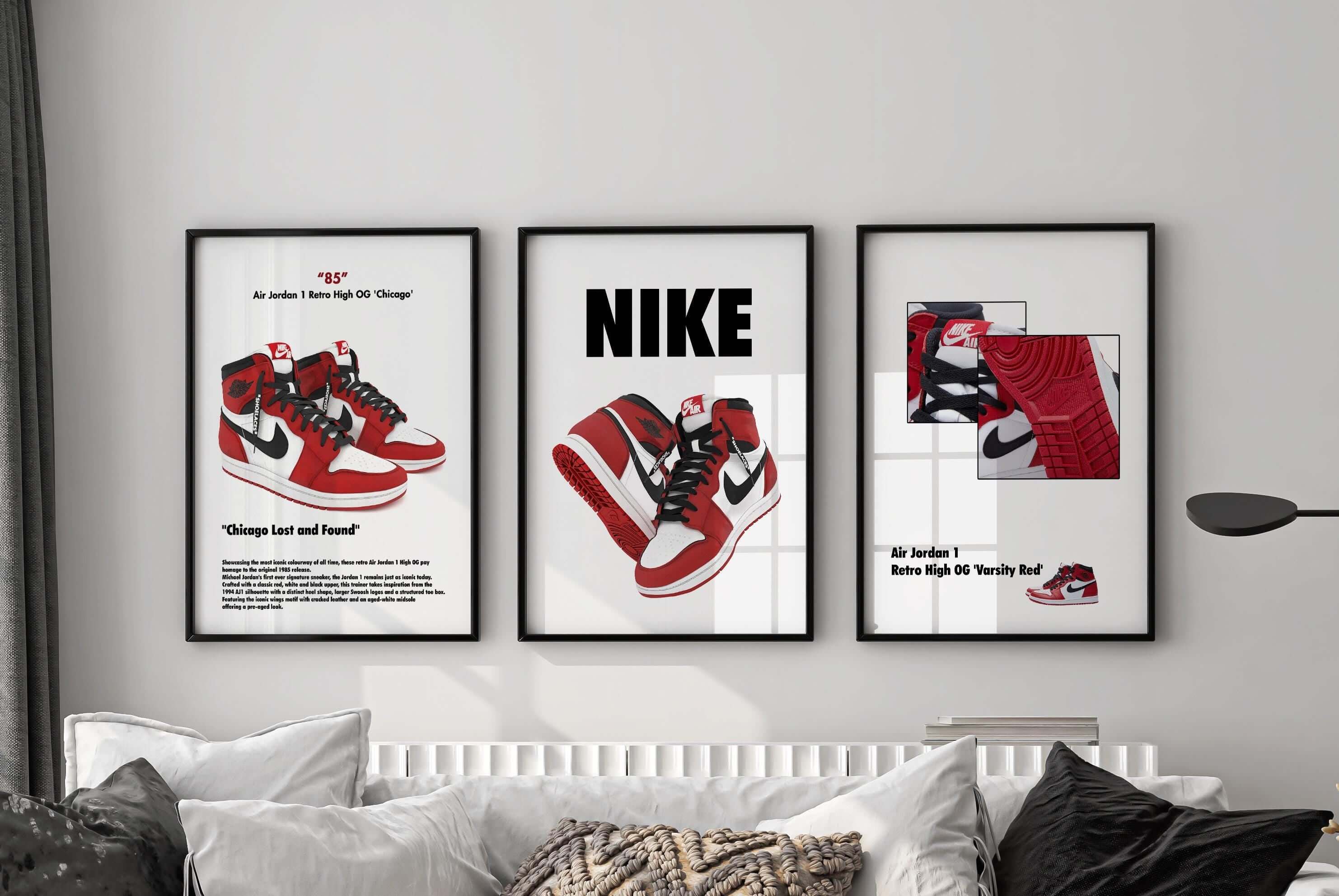 Hypebeast Sneaker Poster Set featuring iconic Nike Air Jordans in a stylish gallery wall setting.