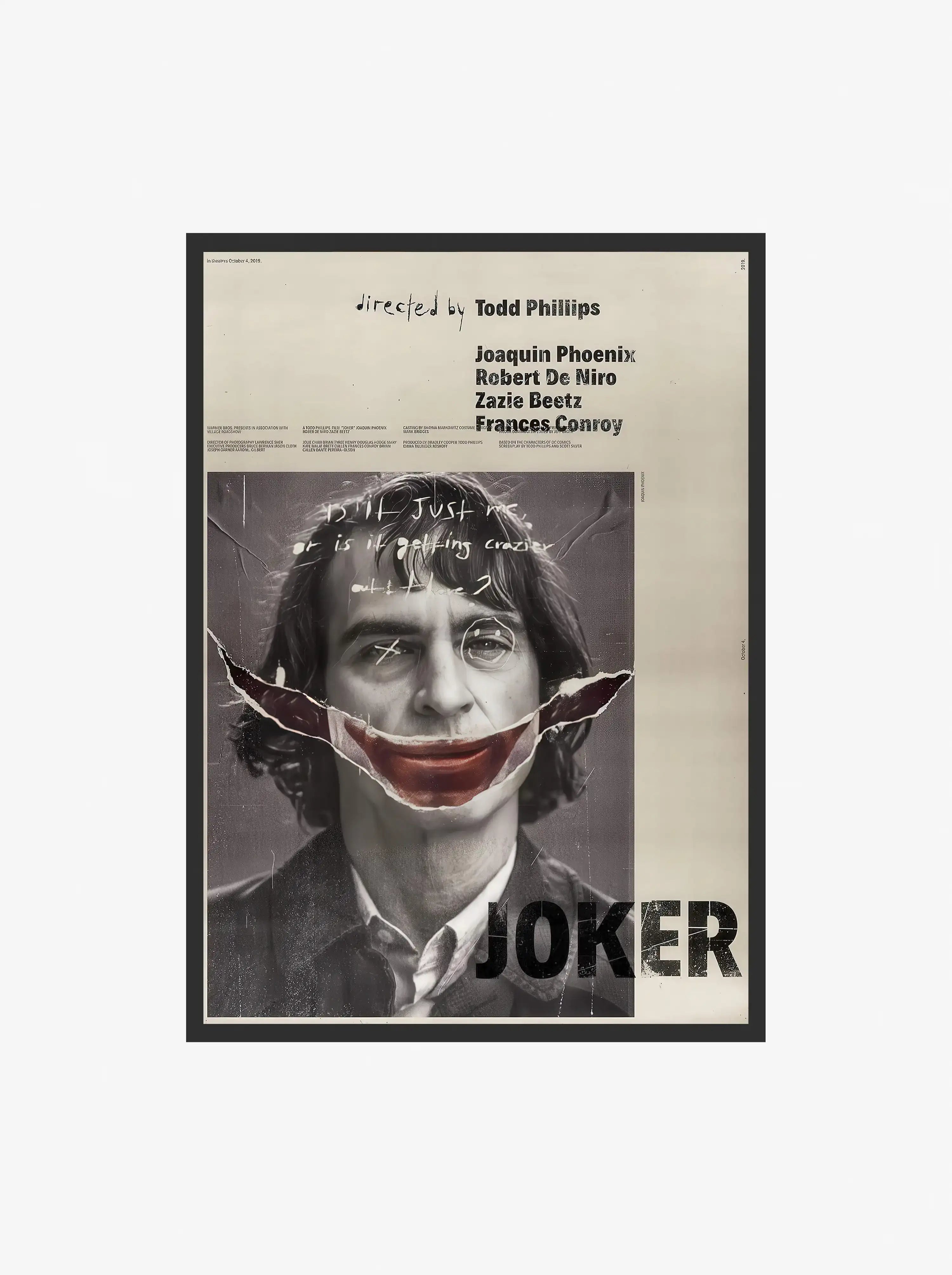 Joker Movie Poster featuring Joaquin Phoenix with dramatic makeup and red lips in a digital wall art style.