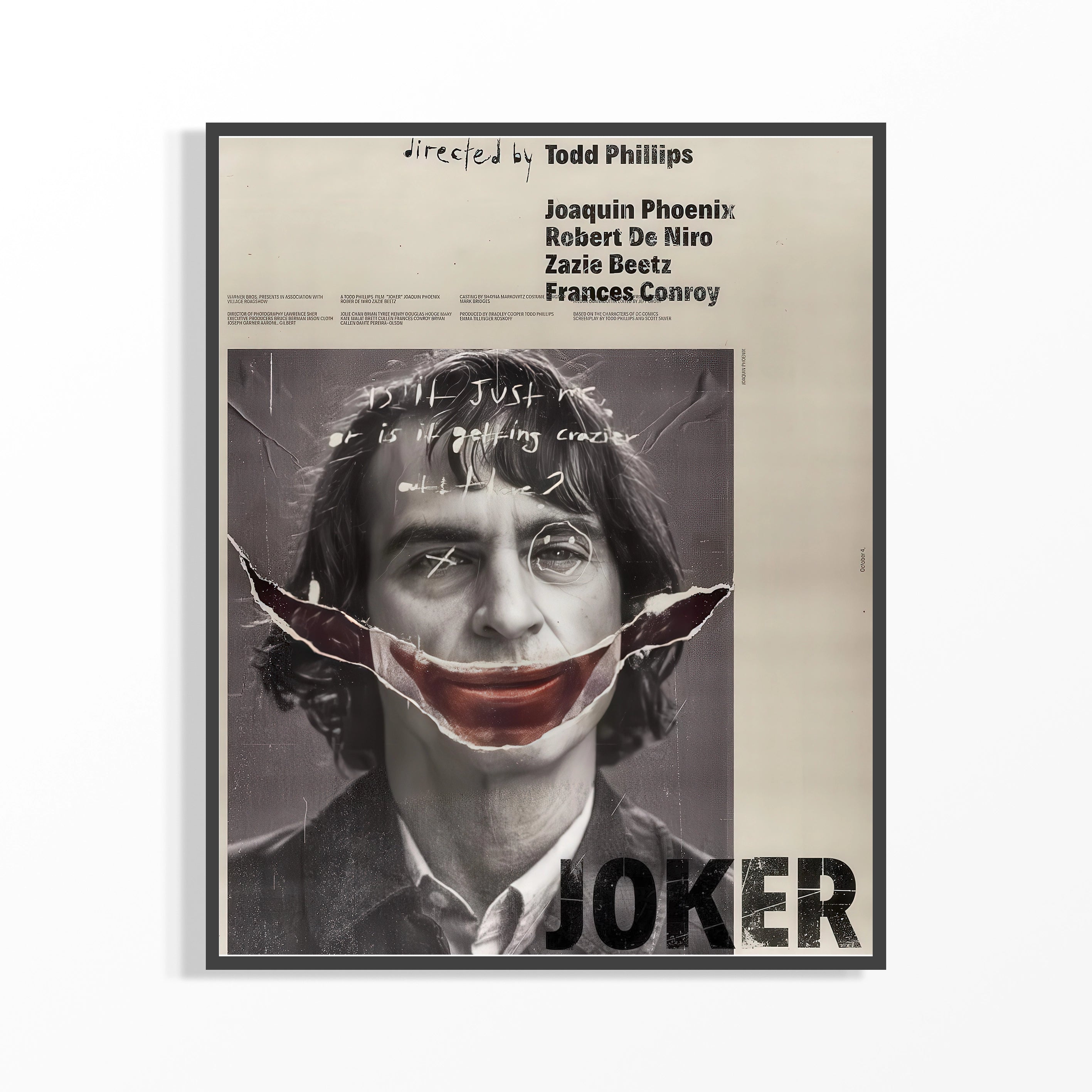 Movie poster for 'Joker' with a stylized portrait of a character and text.