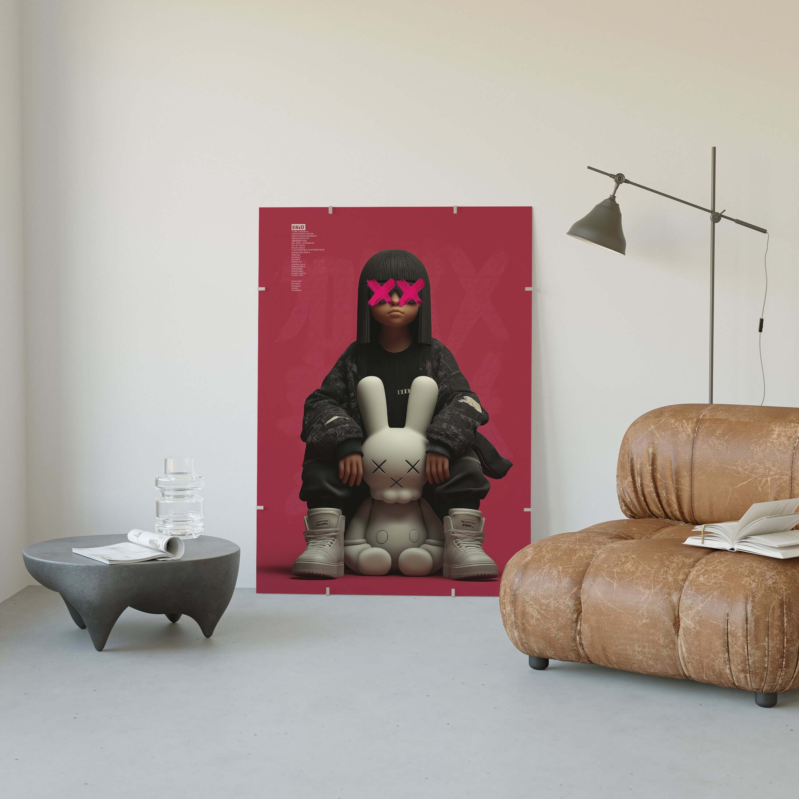 Urban Muse X KAWS girl with bunny art print showcasing streetwear style, pop art vibes, and modern wall decor.
