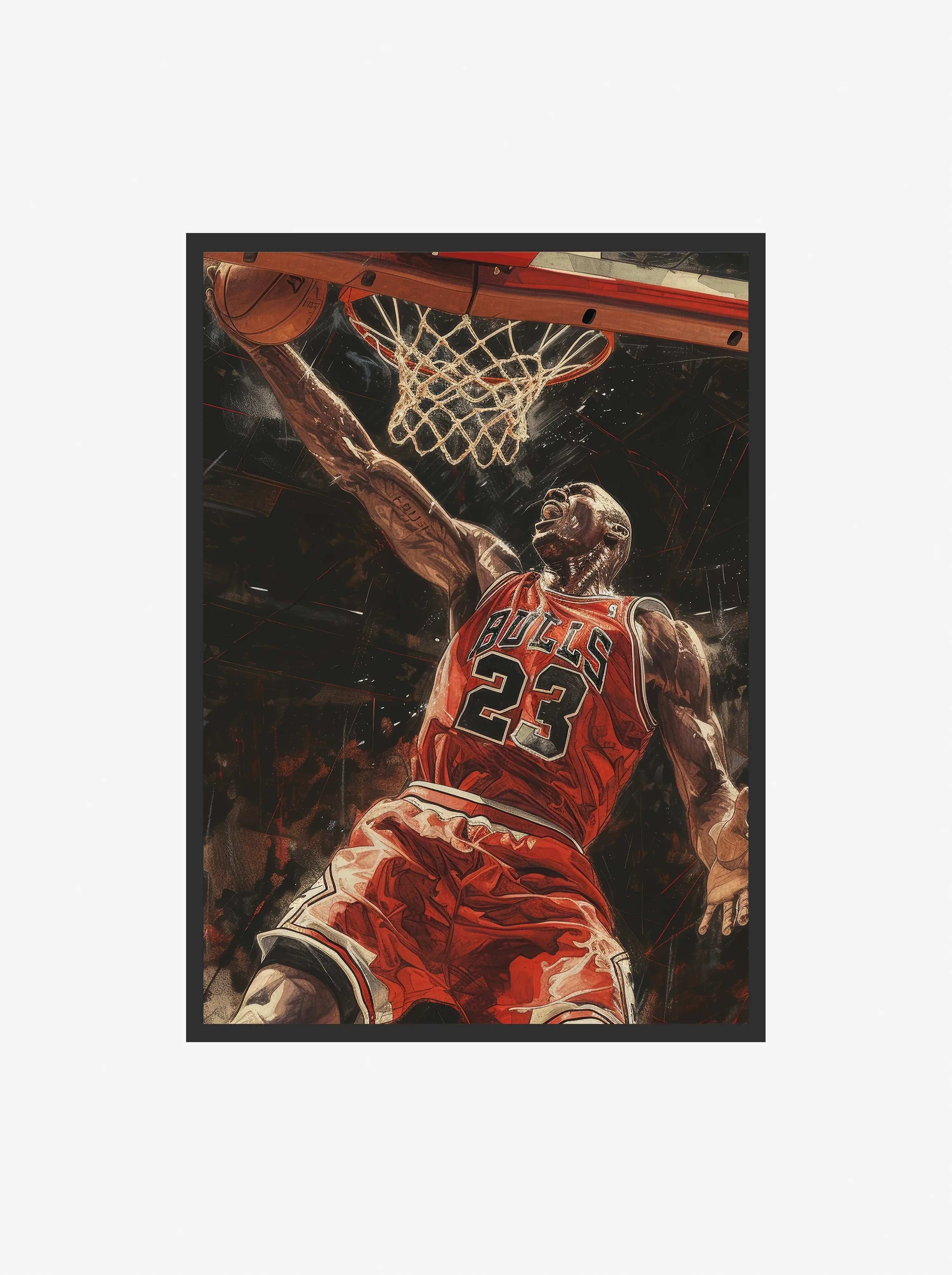 Basketball player in red jersey with number 23 dunking a basketball, against a dark background.