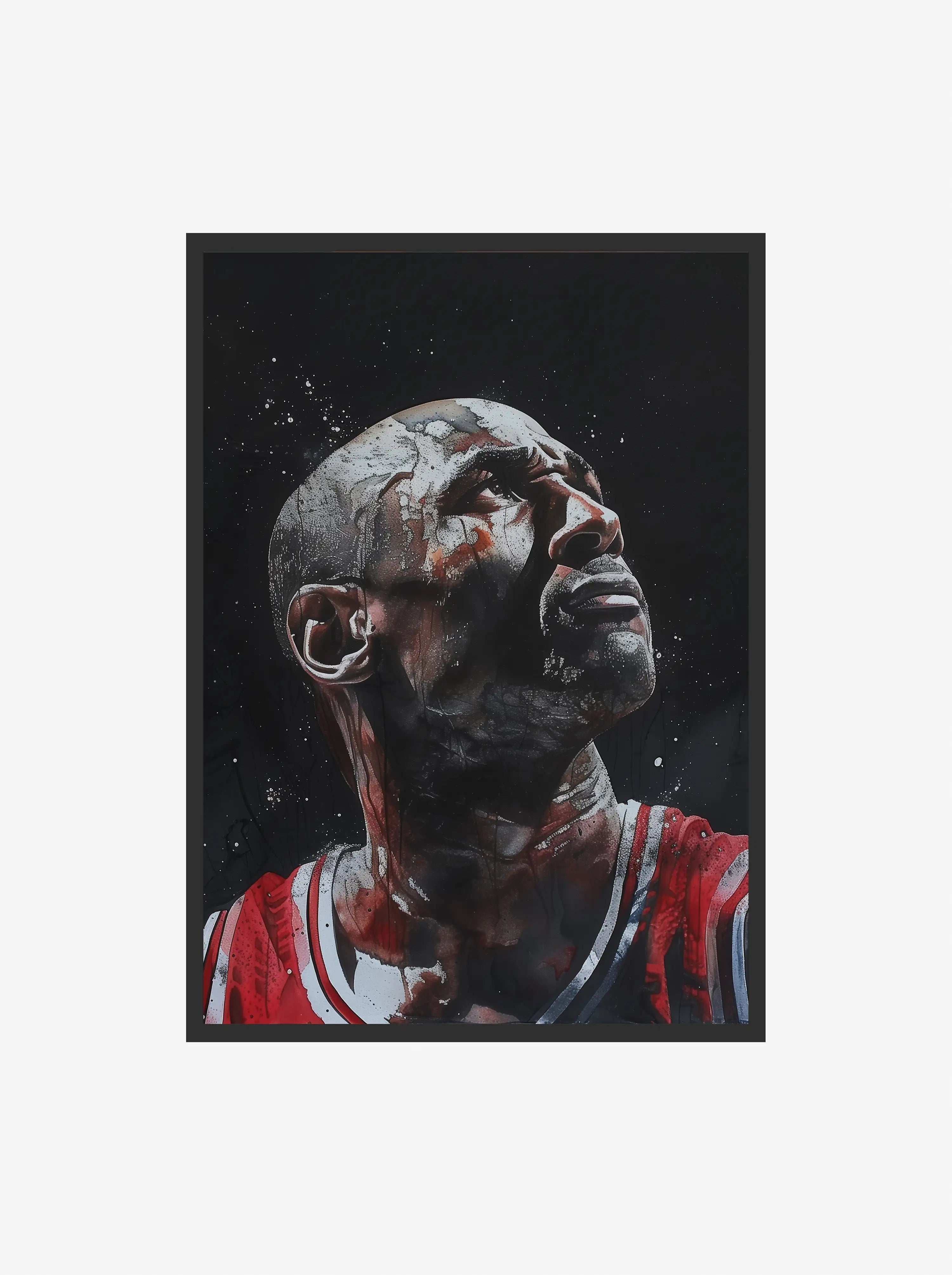 Artistic depiction of a basketball player in a red jersey with a dark background