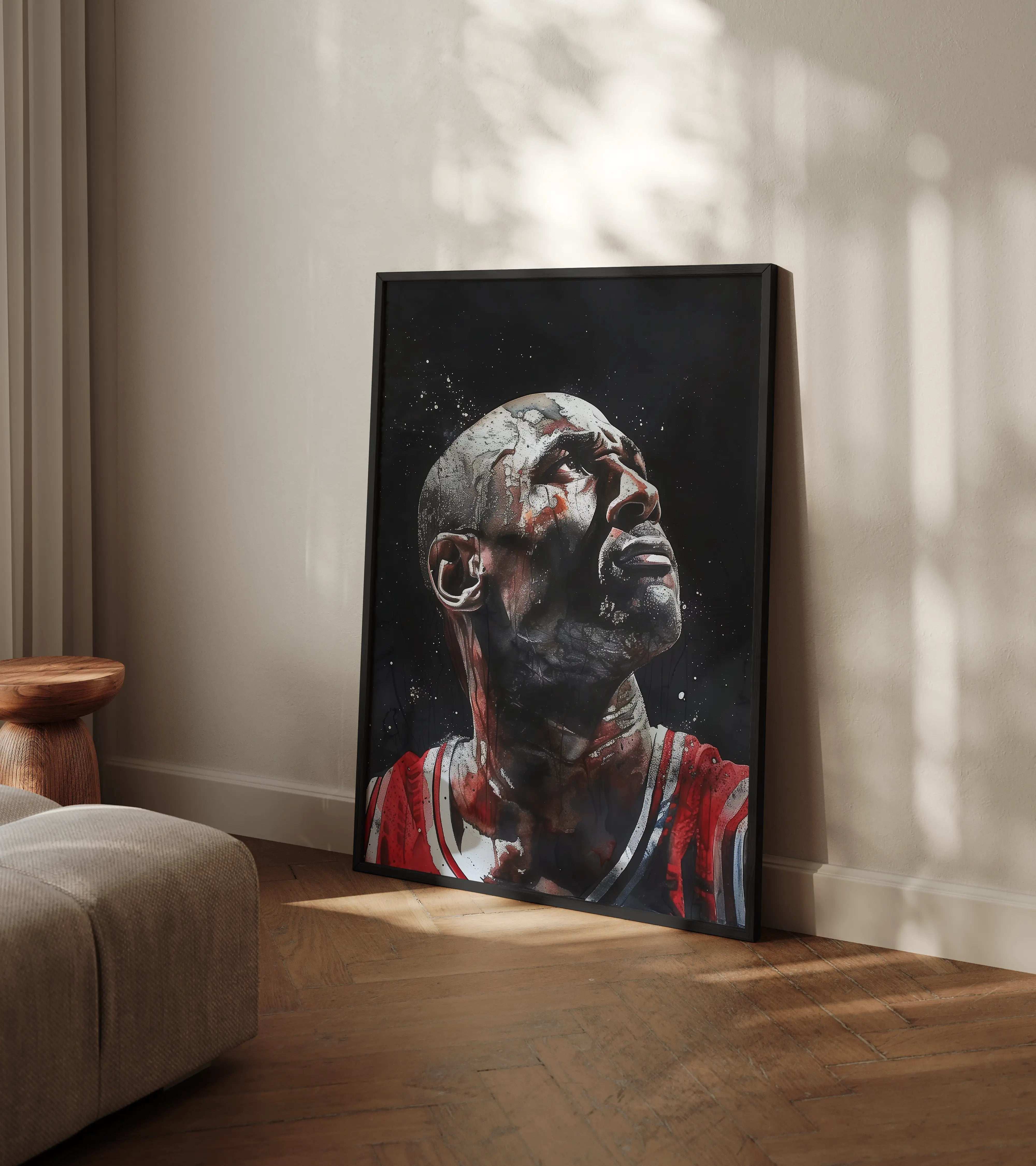 Canvas print of a stylized portrait on a wall in a room with wooden floor and beige walls.