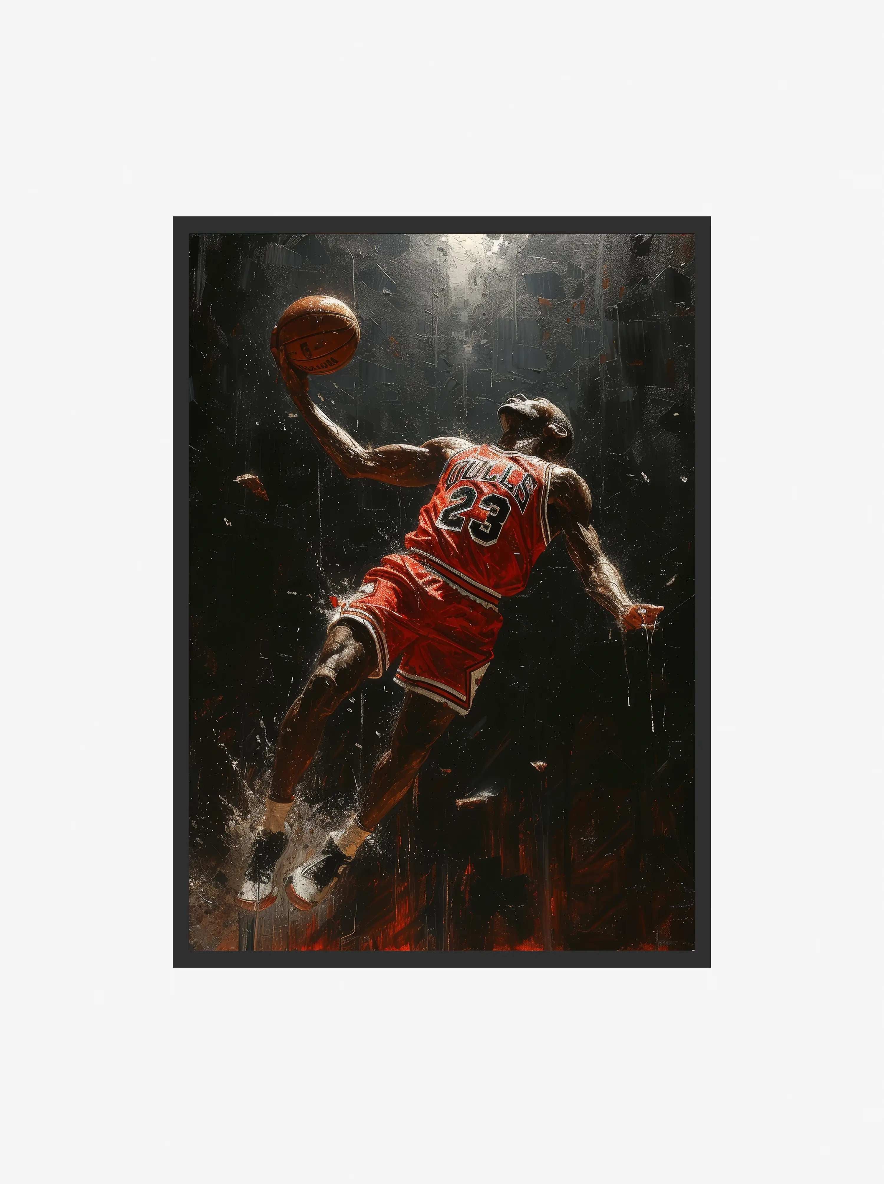 Basketball player in red jersey with number 23 dunking a basketball on a dark background