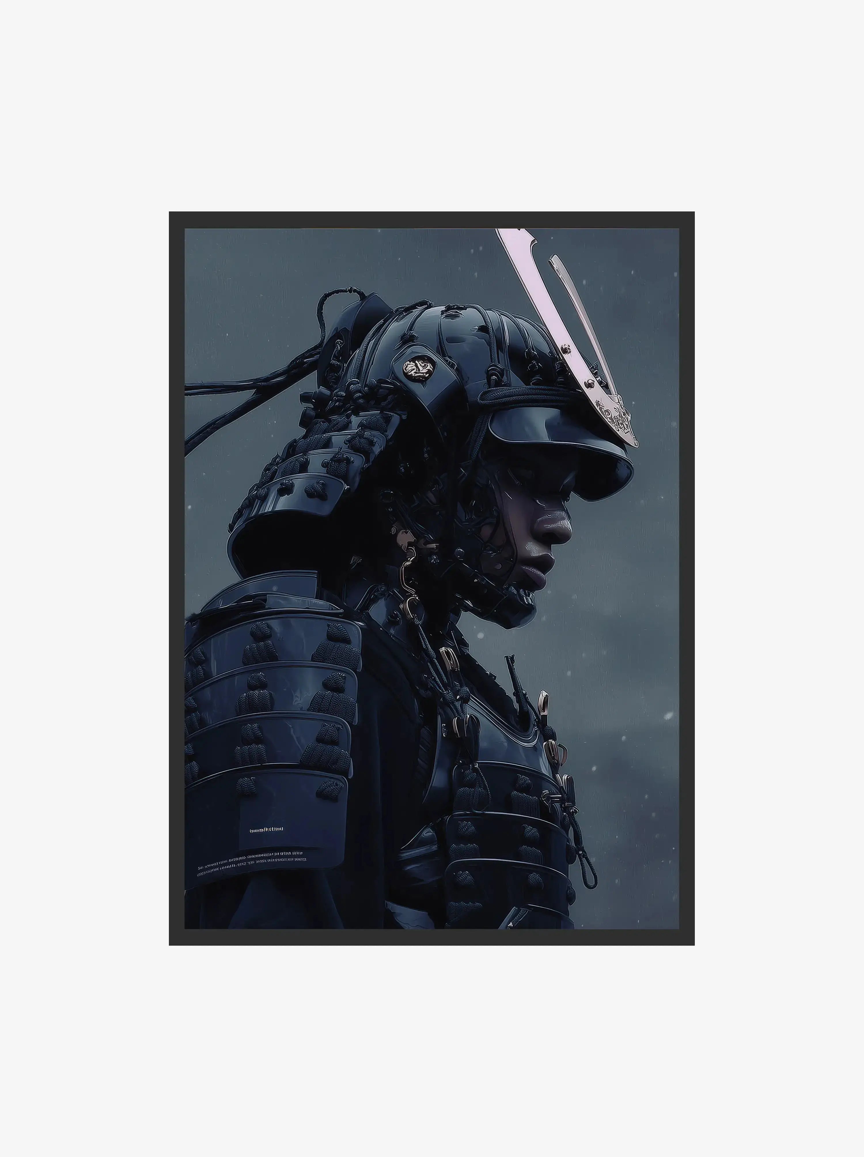 Stunning Midnight Ronin – Cyber Samurai Wall Art Print showcasing a warrior in black armor, evoking a futuristic aesthetic – Haus of Prints.