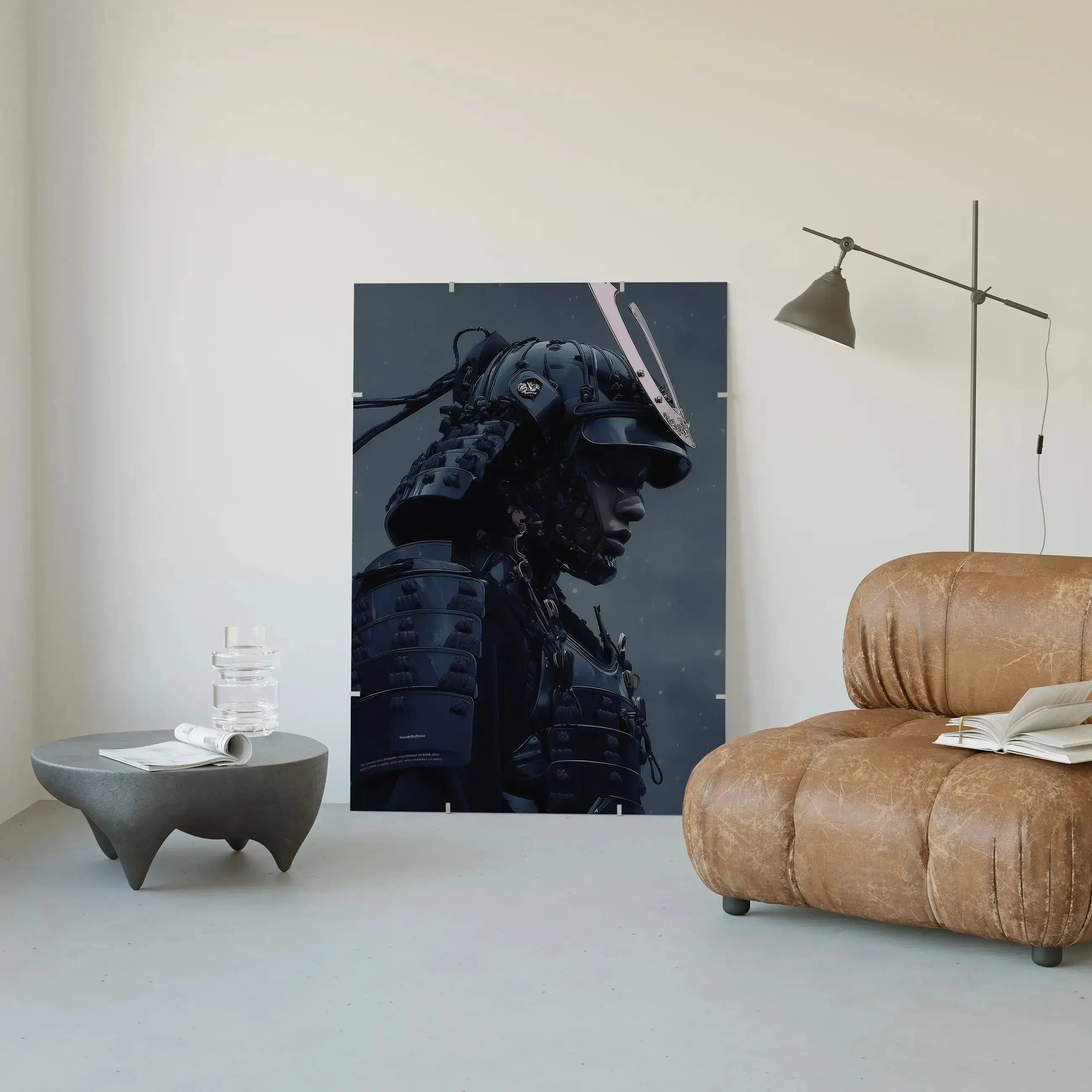 Midnight Ronin cyber samurai wall art showcasing a black-armour warrior in a modern living space – Haus of Prints
