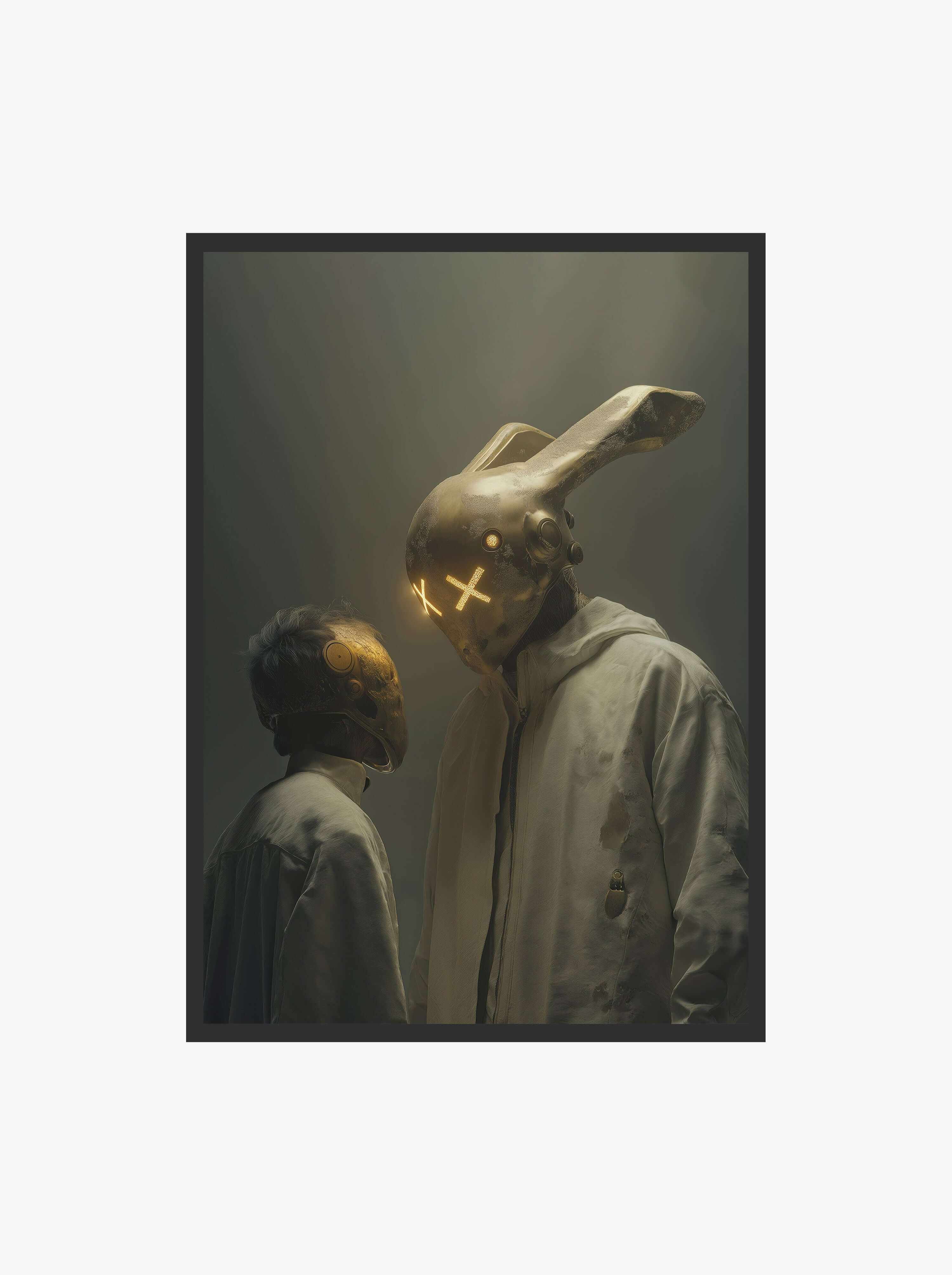 Neon Sentinel – Cyber Bunny & Companion Art Print featuring futuristic gold X-eyed helmet and robotic masks.