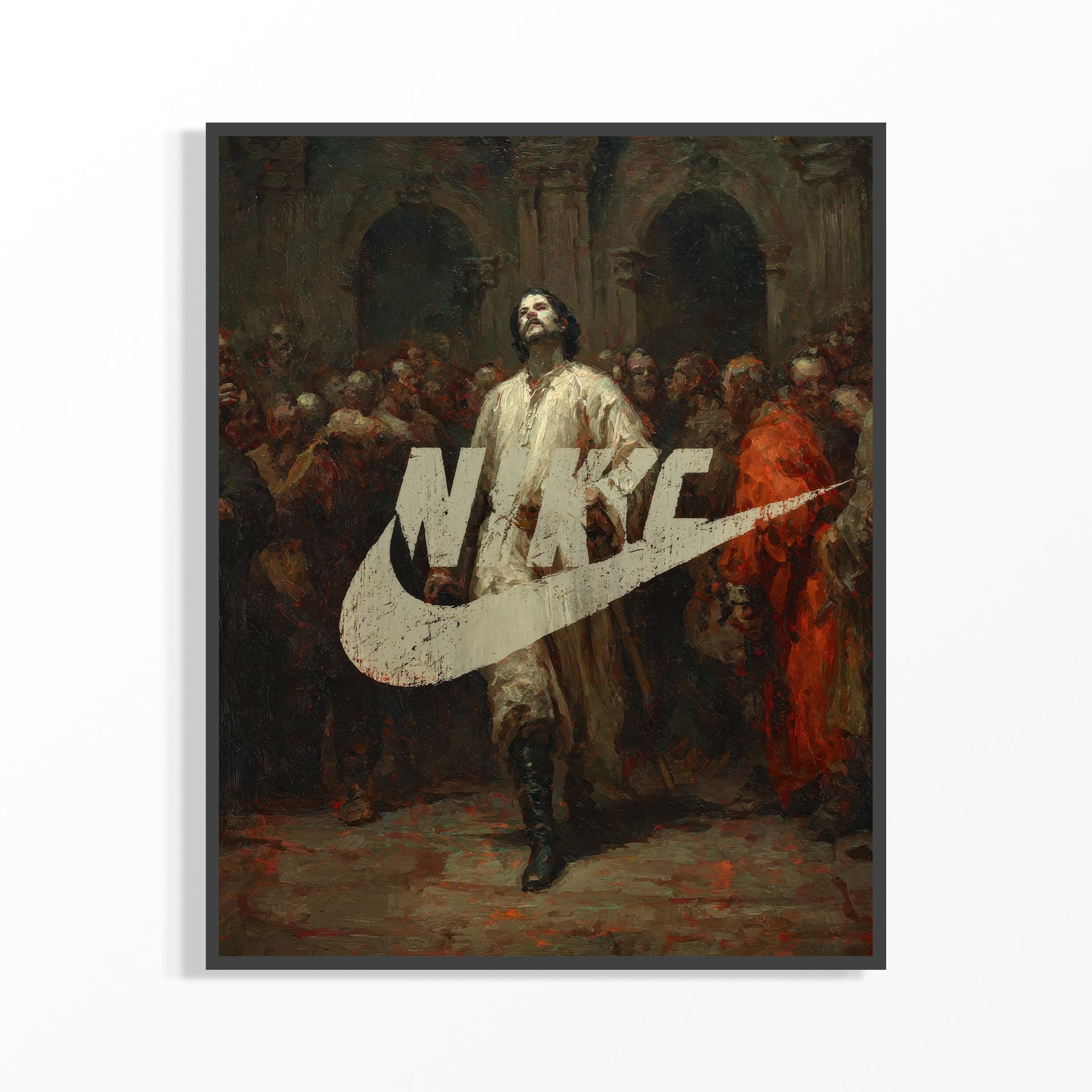 Artistic reinterpretation of a historical scene with a large Nike logo overlay.