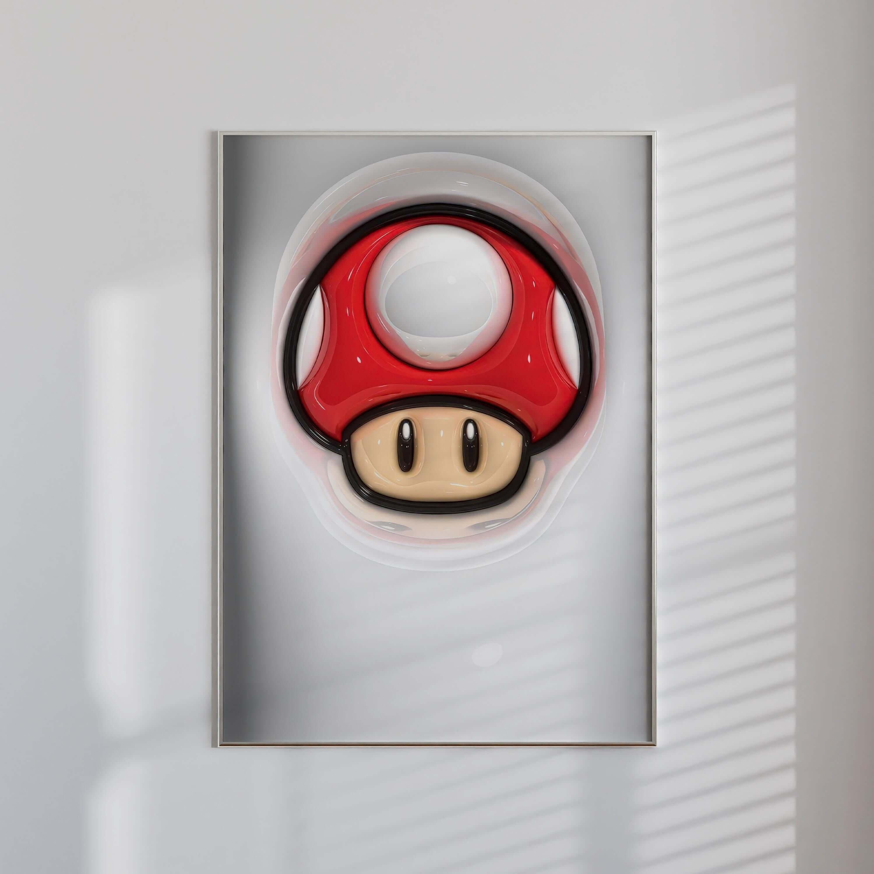 3D red mushroom wall art print, perfect for gamers and retro gaming decor, featuring iconic video game character design.