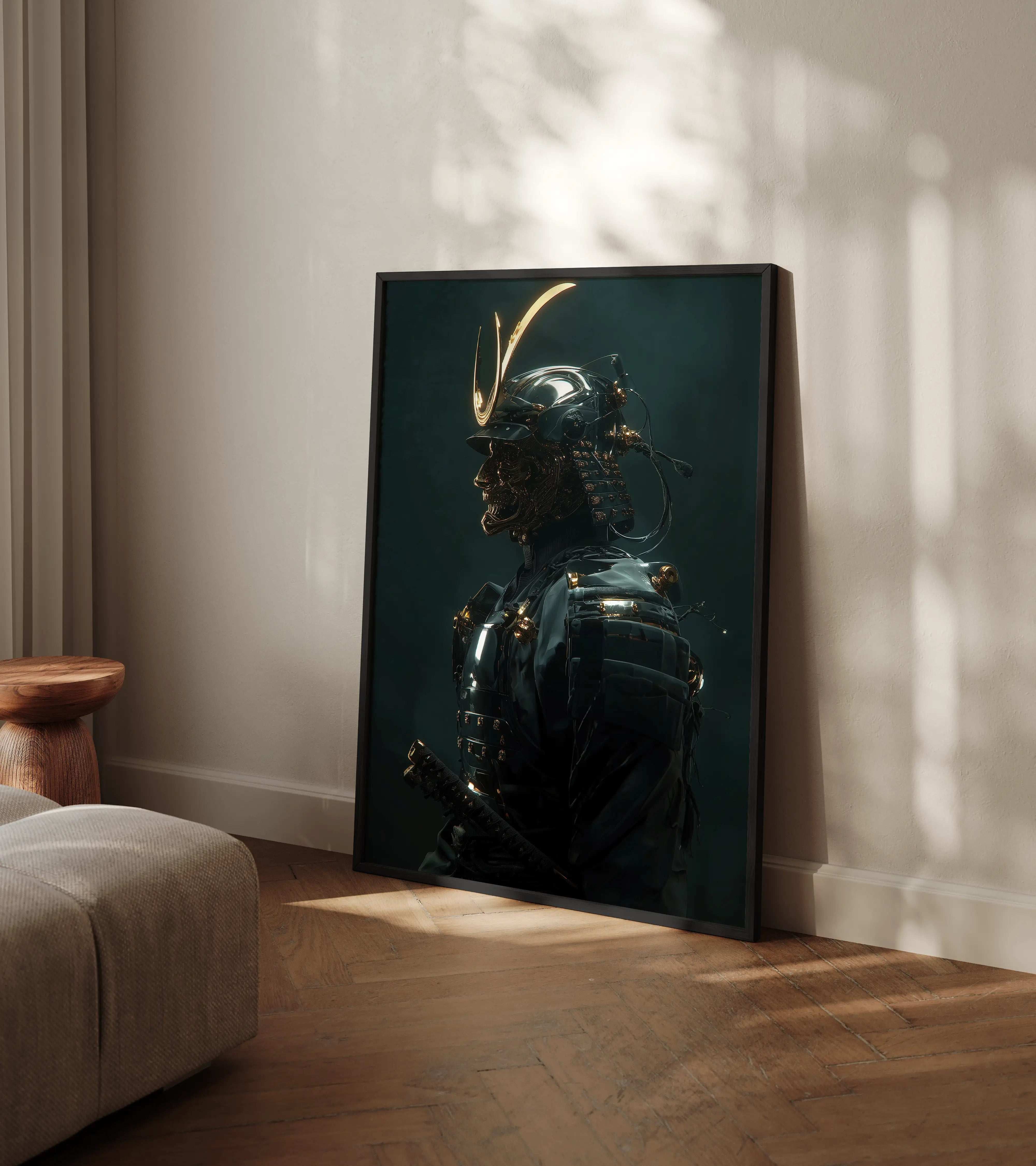 Framed artwork of a samurai on a wall in a room with sunlight filtering through a window.