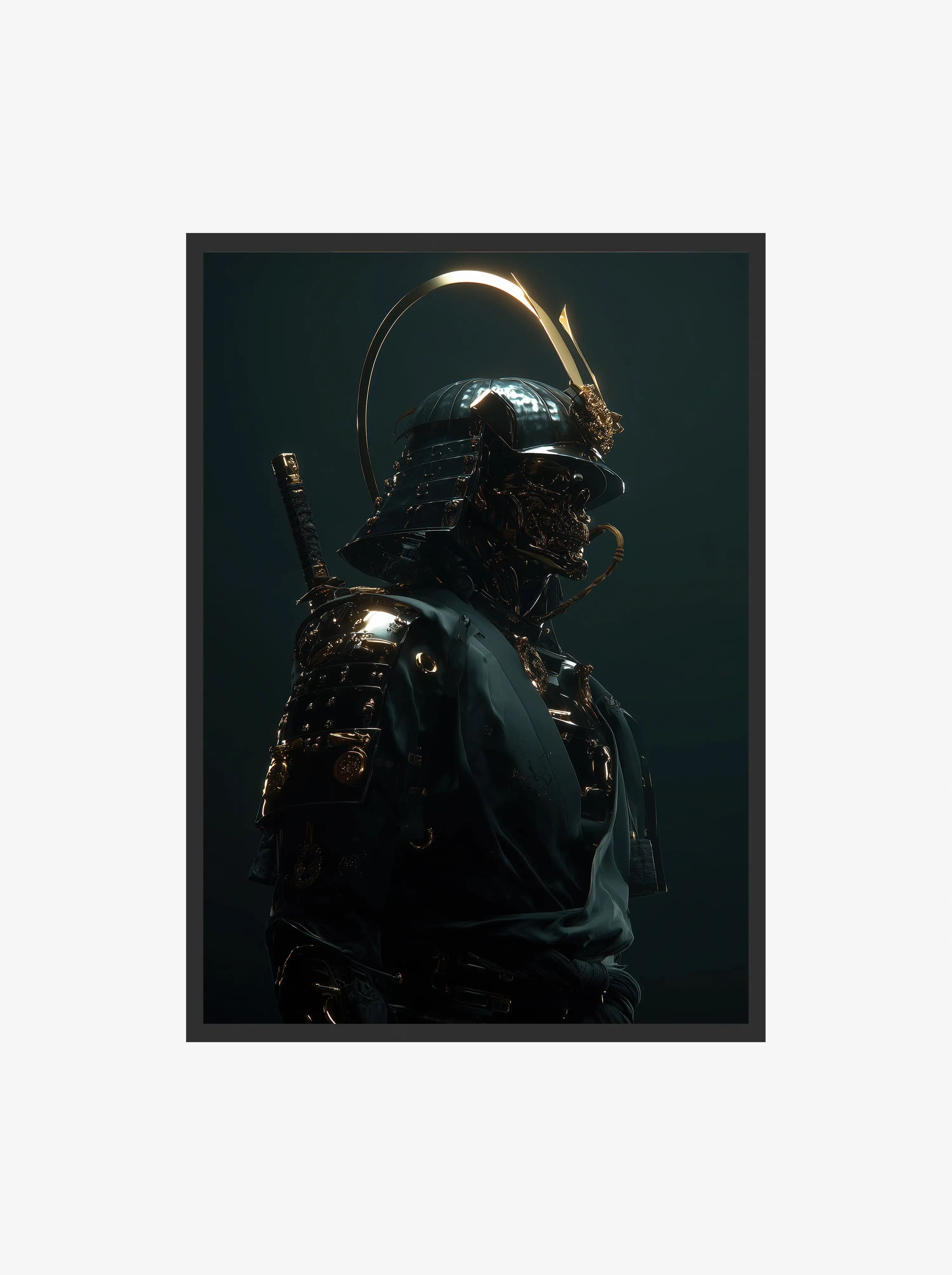 Futuristic Cyber Samurai digital wall art with gold accents, framed printable modern art for home decor, Toronto-designed — Haus of Prints.