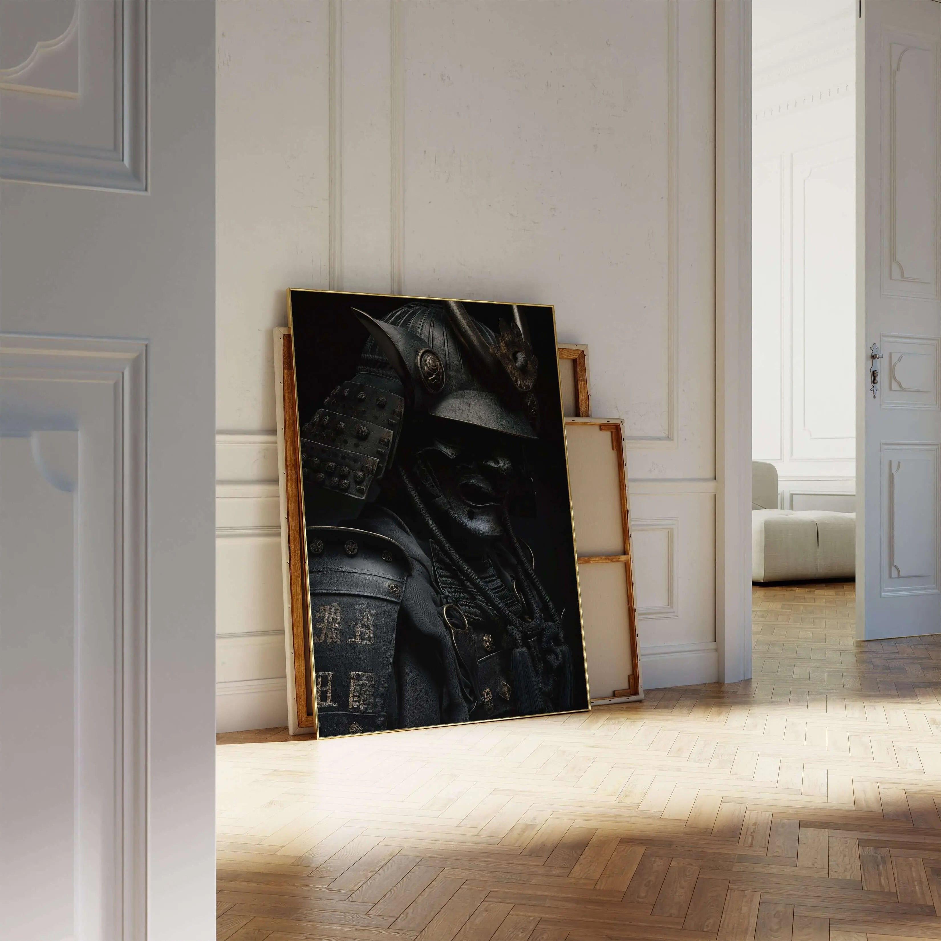Shadow Honor III Black Samurai Art Print leaning against wall in modern living space, showcasing strength and elegance.