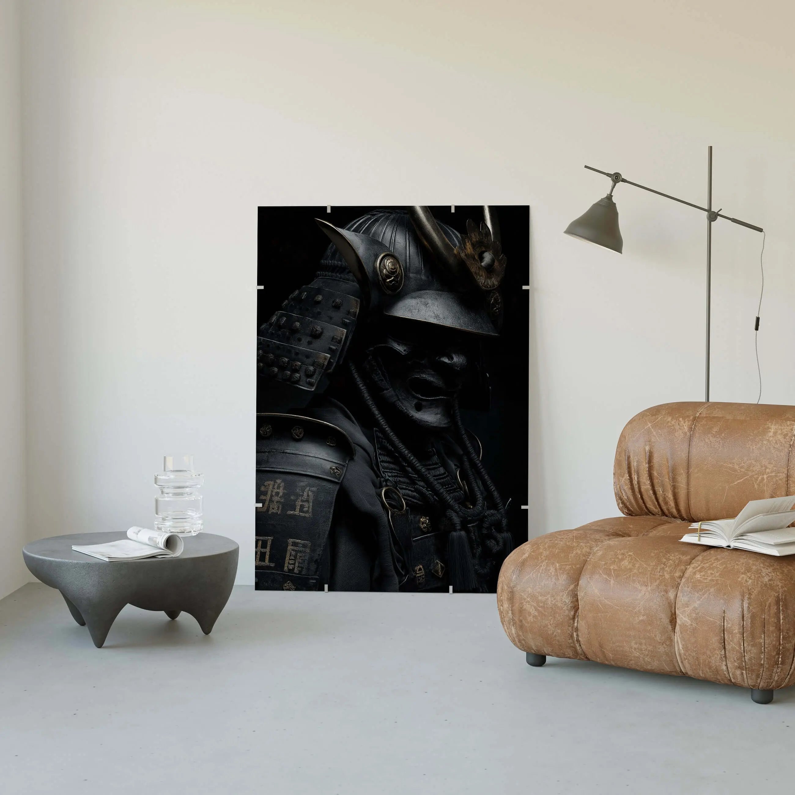 Shadow Honor III Black Samurai Art Print displayed in modern living room, showcasing strength and elegance in home decor.
