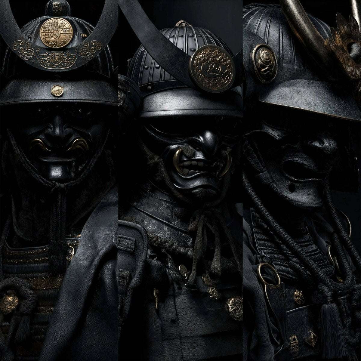 Shadow Honor Triptych Art Prints Set of 3 showcasing Japanese warrior helmets in dark tones, digital wall art by Haus of Prints.