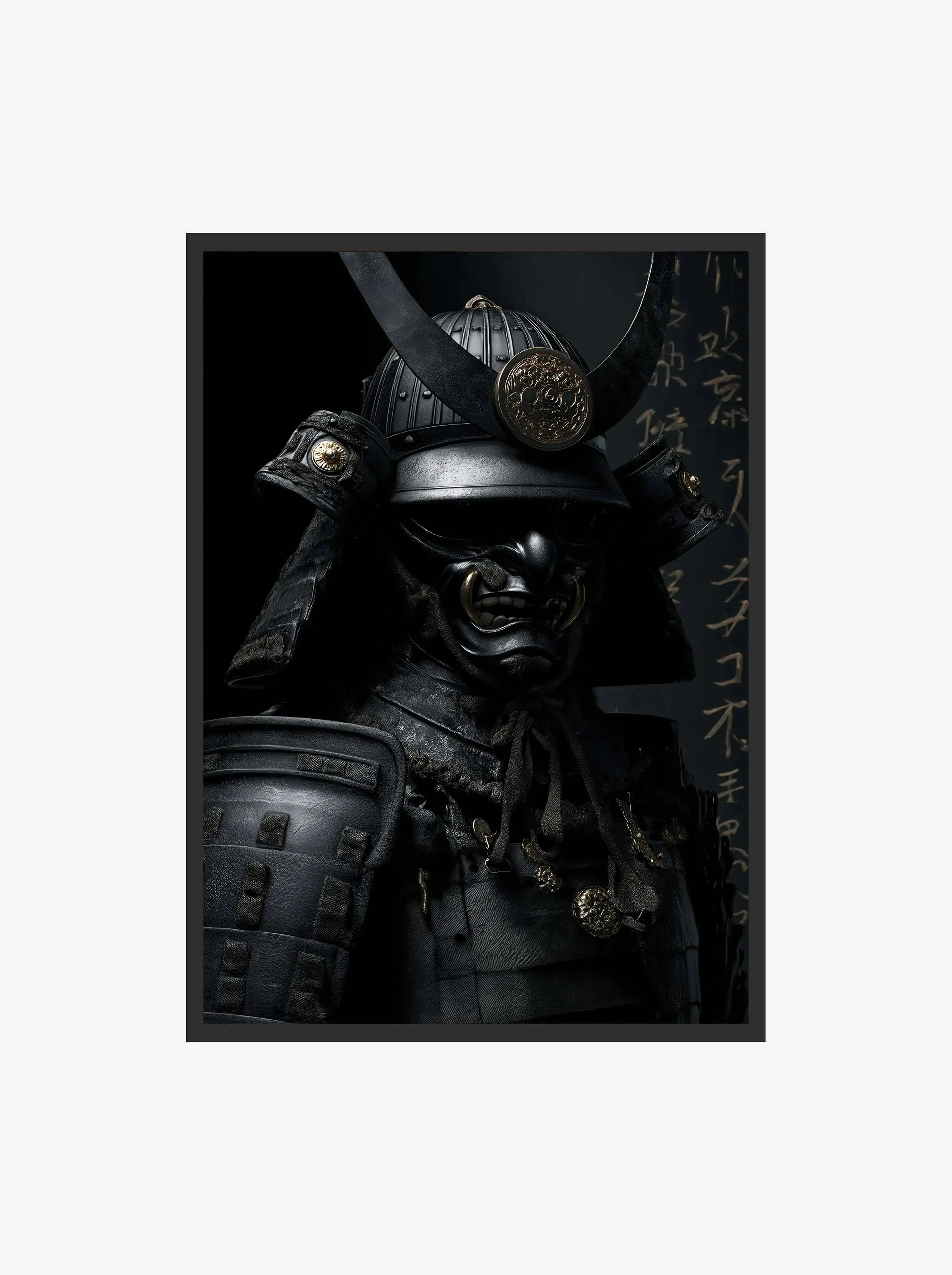 Shadow Honor II black samurai art print featuring a fierce warrior in traditional armor and a striking black background.