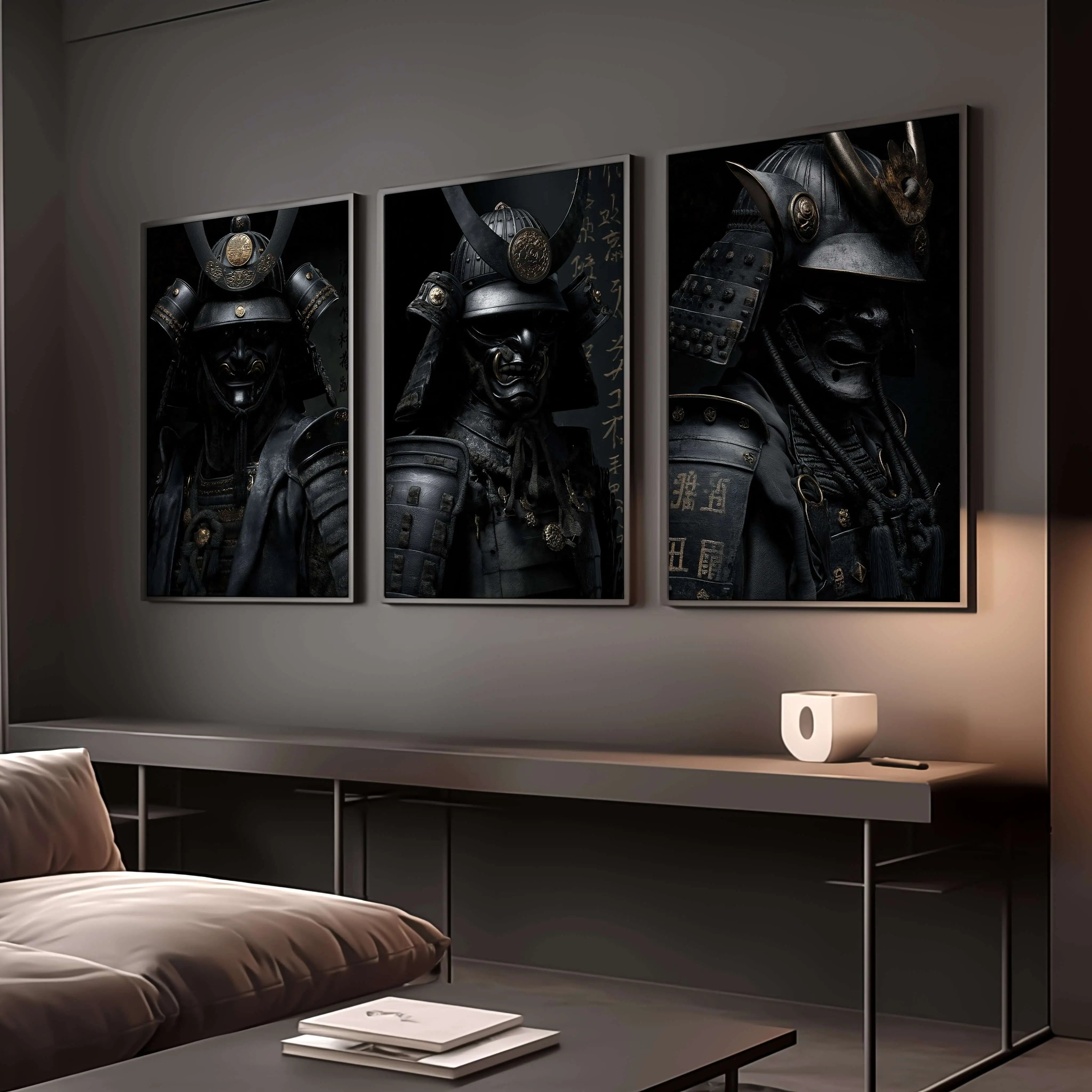 Shadow Honor Triptych Art Prints showcasing Japanese warriors in modern decor, perfect for living rooms or office spaces.