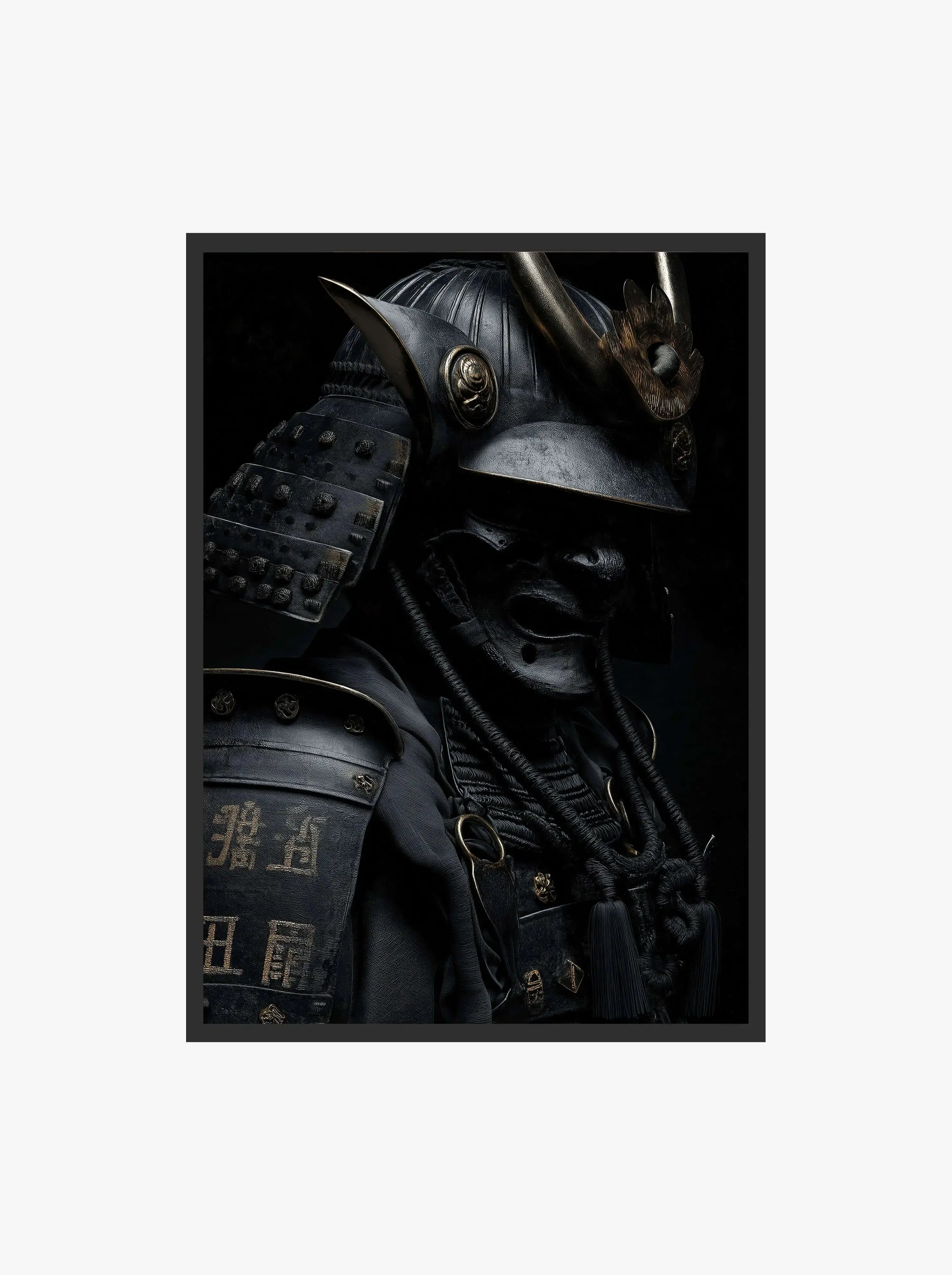 Black Samurai art print showcasing intricate armor details and a striking helmet design for modern decor.