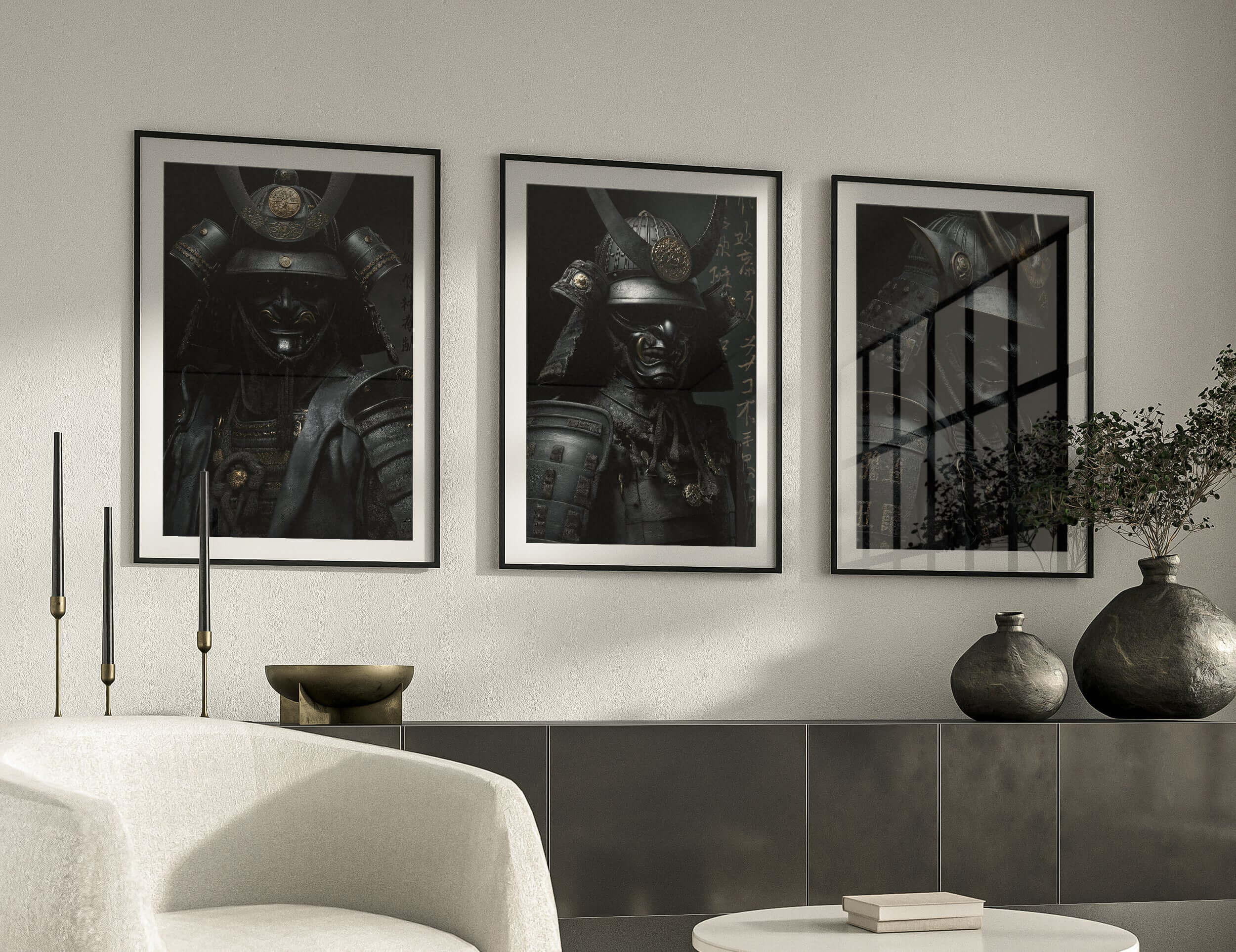 Shadow Honor Triptych Art Prints Set of 3 featuring Japanese warrior artwork in modern living room decor.