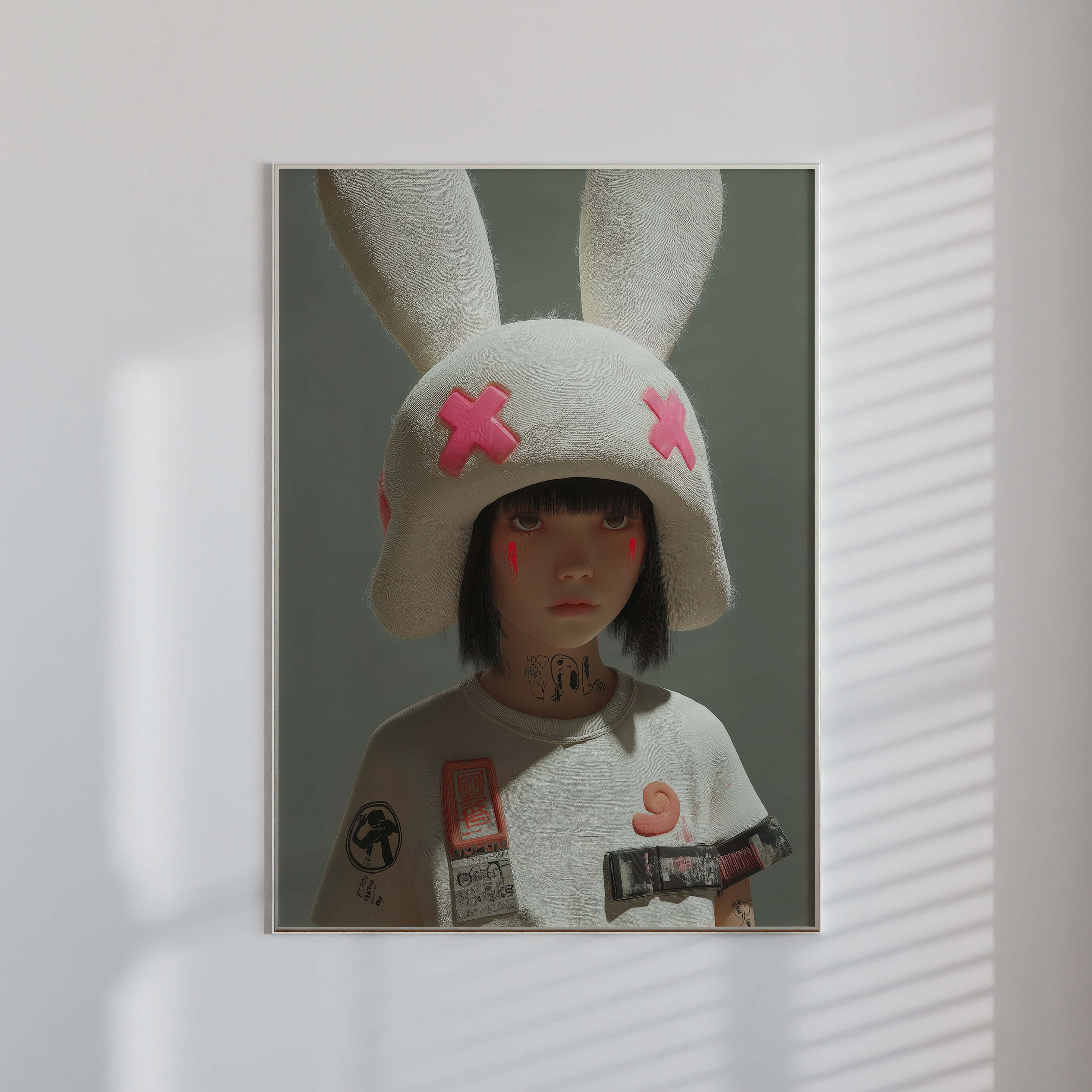 Urban Bunny Muse surreal fashion art print featuring a girl wearing a pastel bunny helmet, embodying streetwear and pop art.