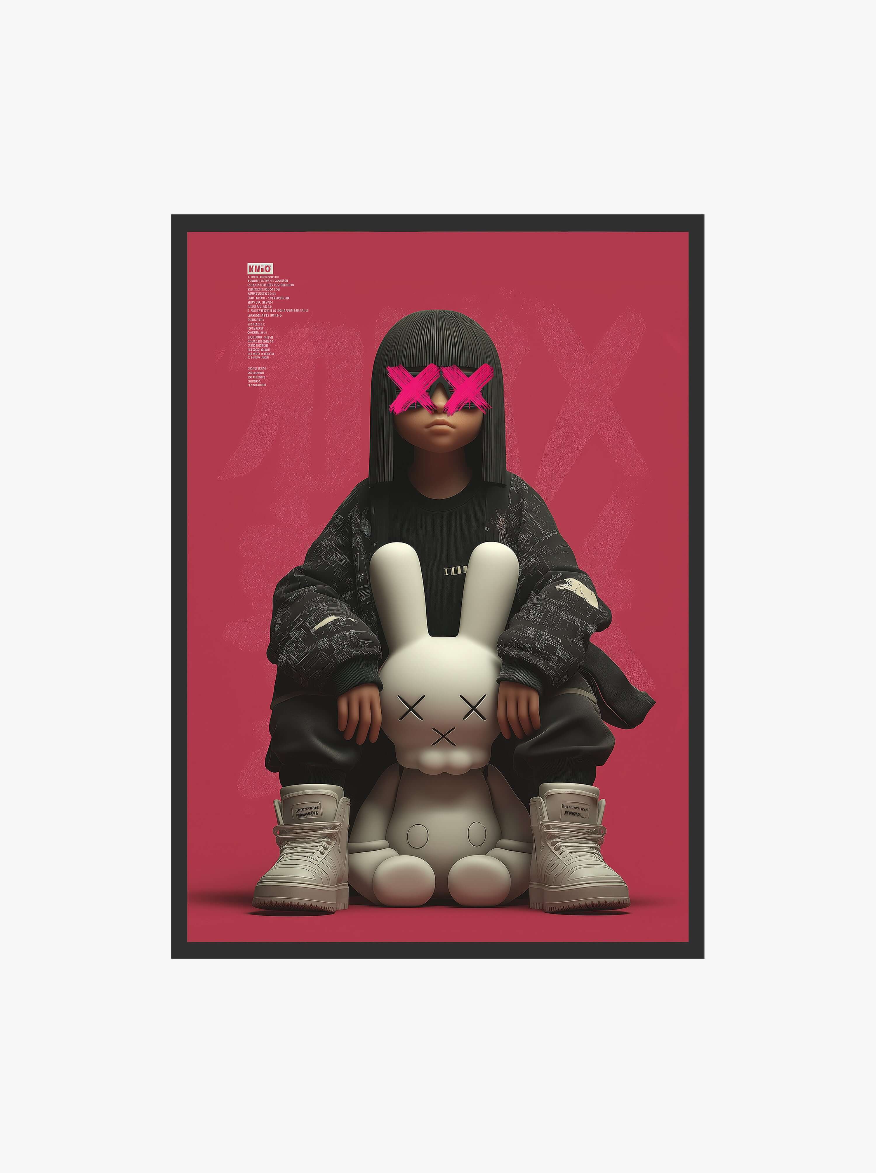 Urban Muse X KAWS girl with bunny art print, featuring streetwear style and pop art elements, perfect modern wall decor.